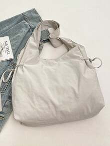 Dedoo Polka Dot Canvas Tote Bag, Large Capacity Foldable Shoulder Bag, Suitable For Students, Ruched Cloud Drawstring Design - White - View 8