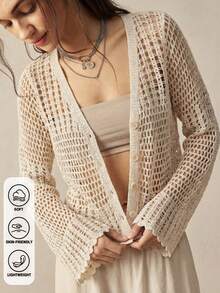 Áo kiểu nữ phong cách Bohemian cổ chữ V khoét rỗng mùa hè 2026 - Áo khoác dài tay nhẹ, phong cách đường phố, trang phục lễ hội, kỳ nghỉ biển, quà tặng Lễ Phục Sinh & Ngày của Mẹ. - Màu be - Xem 4