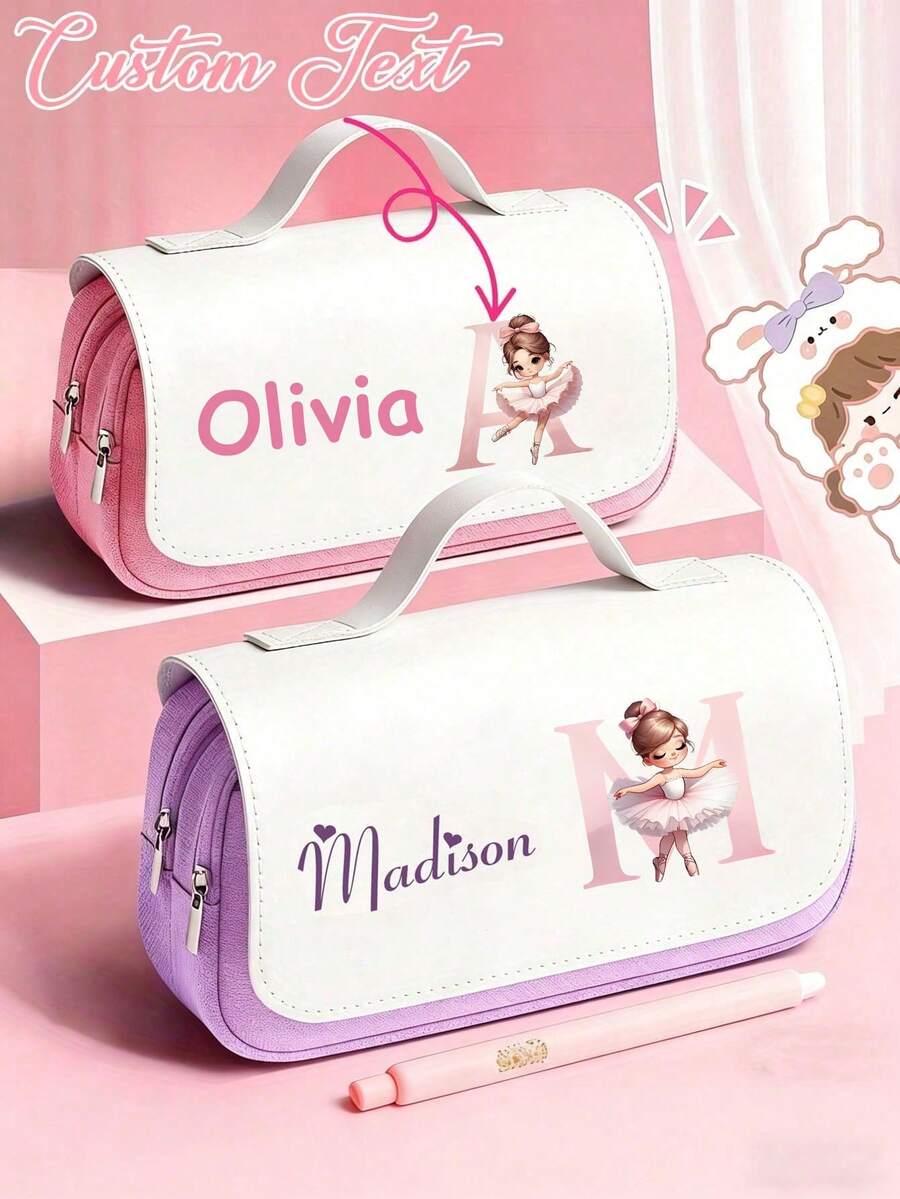 Personalized Custom Name Pencil Case With Dancer Pattern, 3-Layer Large Capacity, Perfect For Student Stationery Storage, Personalized Display, School Use And Holiday Gifts