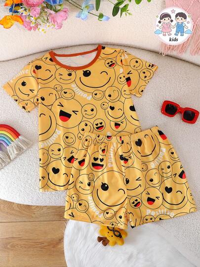 Bộ đồ ngủ 2 món cho bé gái, in hình hoạt hình dễ thương, cổ tròn, tay ngắn và quần short, chống cháy, phù hợp mọi mùa.