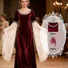 Women's Retro Lace Bell Sleeve Magic Fairy Dress - Full-Length Chiffon & Lace Gown Suitable For Cosplay, Stage Costumes, Wedding Guest Dresses, Photo Shoot Outfit - Elegant Special Line (Hand Washable Solid Color) - Màu Đỏ Sâu - Xem 1