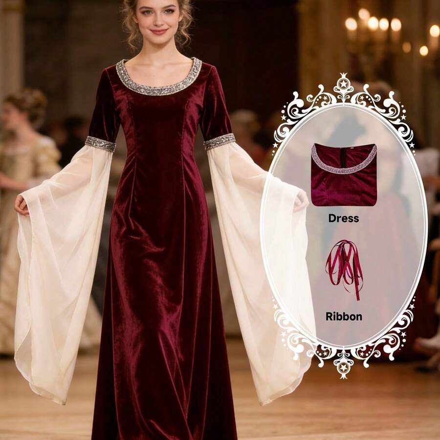 Women's Retro Lace Bell Sleeve Magic Fairy Dress - Full-Length Chiffon & Lace Gown Suitable For Cosplay, Stage Costumes, Wedding Guest Dresses, Photo Shoot Outfit - Elegant Special Line (Hand Washable Solid Color) - Màu Đỏ Sâu - Xem 1
