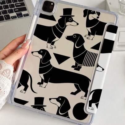 可爱卡通条纹狗双面亚克力透明水晶后盖，防震设计，适用于iPad第7、8、10代（10.2英寸），内置笔槽，支持睡眠/唤醒功能，是理想的礼物之选。