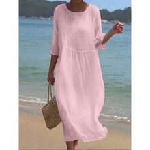 Women's Casual Long Cotton And Linen Dress - Pink - View 8