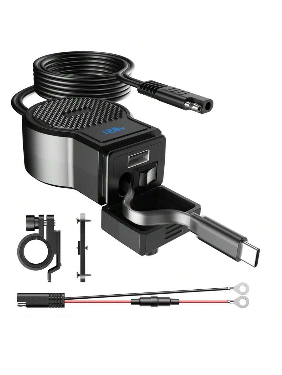 Nuevo Cargador de Teléfono USB Super Rápido PD QC4.0 para Motocicleta, con Cable de Datos Tipo-C Retráctil y Voltímetro Digital, sin Batería - A - Ver 1