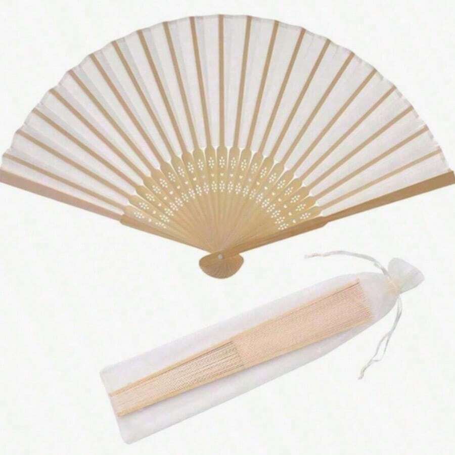 1把/2把丝质竹框手扇，新娘舞蹈道具，教堂婚礼派对伴手礼，附赠米色薄纱袋 - 彩色 - 查看 1