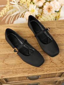Retro Square Toe Mary Jane Shoes, Strap Flat Shoes For Dress - Black Velvet - View 3