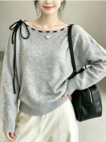 Minimalist Elegant Lace-Up Boat Neck Long Sleeve Knit Top - Light Grey - View 3