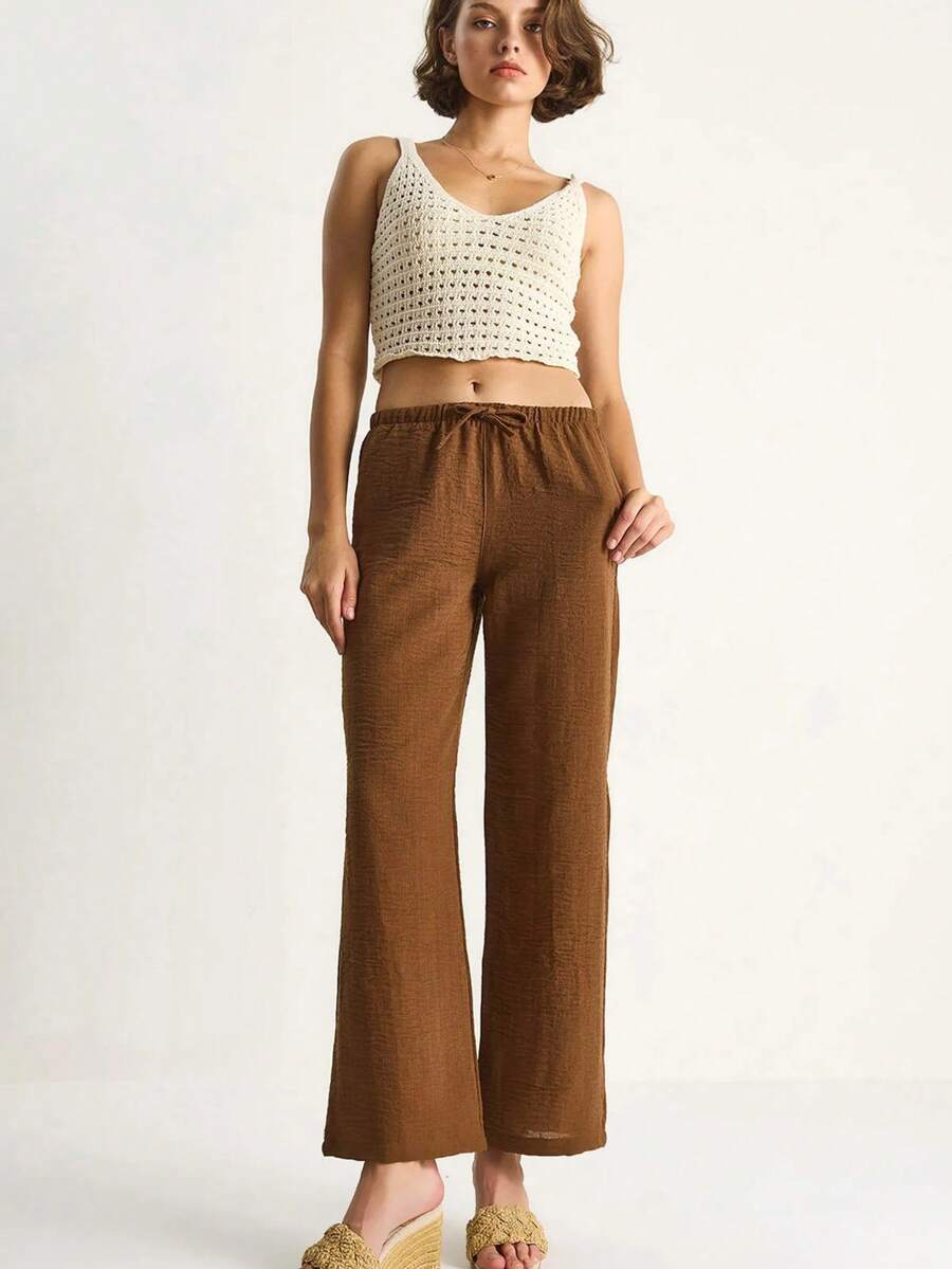 BIANCO LUCCI Casual Simple Solid Color Straight Long Pants - Brown - View 1