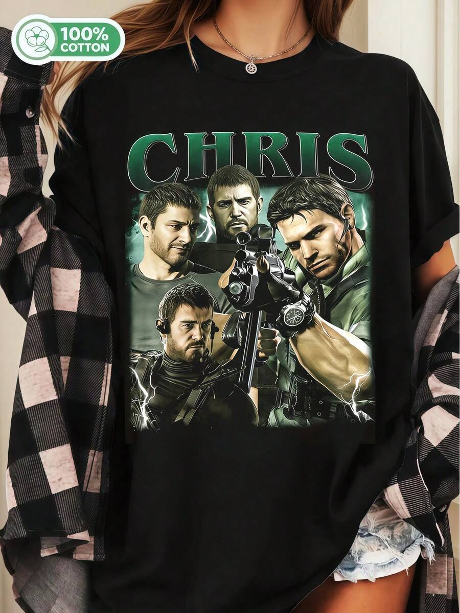 Vintage Chris Redfield Tee 90s Gaming Graphic T-Shirt - Black - View 1