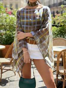 Blusa de gasa con cuello redondo, mangas de mariposa y diseño de color block a cuadros, estilo retro y elegante, top holgado de estilo vintage para primavera - Multicolor - Ver 4