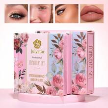 Julystar 四合一粉色翻页化妆本，便携式多功能彩妆盘，包含基础眼影、腮红、唇彩和修容粉，5 分钟快速上妆，节省空间，宿舍旅行必备 - 彩色 - 查看 7