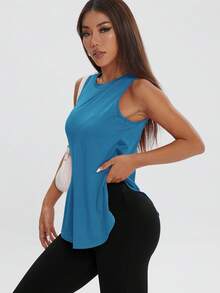 Atasan Olahraga Wanita Kasual Longgar Tanpa Lengan, Belahan Samping, Warna Polos, Nyaman untuk Berolahraga, Musim Semi/Panas - Aqua Biru - View 6