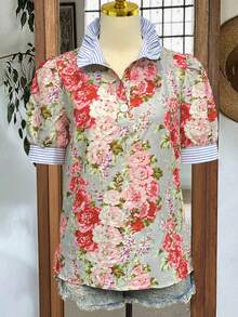 Women's Striped & Floral Contrast V-Neck Button-Up Blouse With Puff Sleeves, Spring/Summer Vacation - Flower - View 3