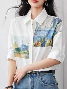 Elegant New Printed Open Short Sleeve Blouse Top For Women, Suitable For Commuting White Vacation Summer - White - View 4