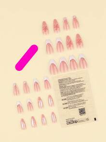 24pcs 3D Floral Decor False Nails, French White Short Almond Shape Fake Nails, Includes 1 Nail Sticker Sheet And 1 Nail File, Suitable For Daily Wear Manicure Set - Multicolor - View 2