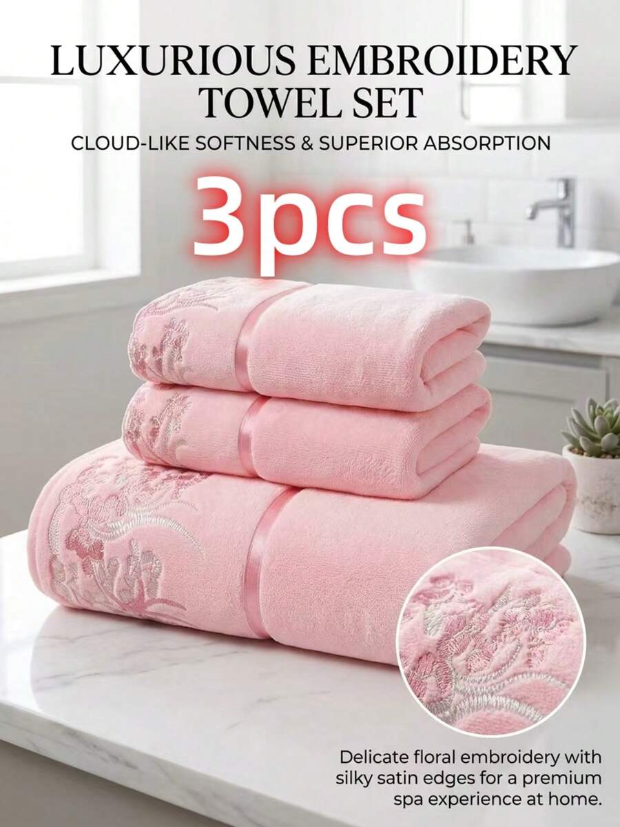 3Pcs/Set Ultra Soft Oversized Bath Towel & Hand Towel Collection (1 Bath Towel + 2 Hand Towels), Super Absorbent Quick-Dry Large Towels, Versatile Beach Towel For Bathing, Face Washing & Spa Use, Stylish Home Bathroom Decor, Ideal For Beauty Salons & Back-To-School Essentials - Multicolor - View 1