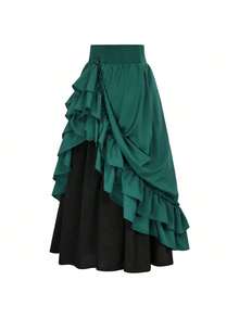 Halloween Costume, Retro Court Style, Ruffles, Wooden Ear Trim, Drawstring, Colour Block, Large Hem, Half Skirt - SK2403 [Blue and White] - View 4