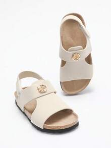 1 Pair Girls' Gold Floral Emblem Decor Faux Suede Upper, Rubber Sole With Soft Cork Midsole, Non-Slip Shock Absorbing Open Toe Hook And Loop Strap Flat Sandals, Fashionable Casual For Daily & Holiday Wear - Beige - View 4