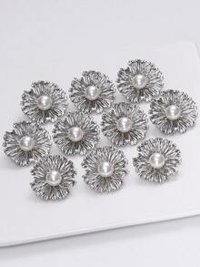10Pcs Gold Silver Tone Hollow Flower Pearl Metal Buttons, Decorative Fasteners For Clothing - Multicolor - View 7
