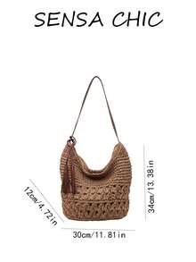 Damen Schultertasche aus Cut Out gewebtem Stroh, atmungsaktive leichte weiche Häkel-Strandtasche, lässig mit großer Kapazität, perfekt für Strandurlaub, Resort-Reisen, tägliches Einkaufen, lässiges Bummeln, Outdoor-Ausflüge, Wochenend-Treffen, ideal - Khaki - Übersicht 6