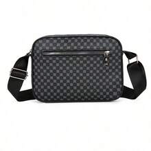 男士几何图案PU皮革大容量多口袋拉链相机包斜挎单肩包，适合日常通勤和旅行 - 彩色 - 查看 13