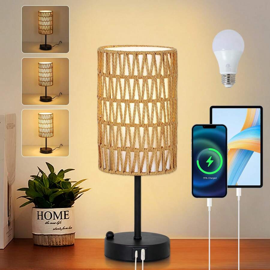 Touch Table Lamp For Bedroom With Bulb, Boho Small Desk Lamp For Living Room With Rattan & Linen Shade, 3 Way Dimmable Bedside Table Lamp For Nightstand With USB Charging Port & Phone Stand For Office - Visa 1