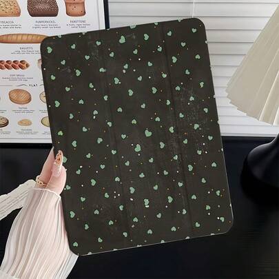 1 Green Heart-Shaped Black Acrylic 70% Off Flip Stand Protective Case, Anti-Drop, Adjustable, Lightweight, Non-Slip, With Automatic Sleep/Wake Function, Suitable For  10th Generation (2022),  7/8/9 Generation/( 10.2inch ),  Air3/ Pro 10.5inch ,  Pro 11-Inch 2018/2022/2021,  Air4/Air6 10.9inch ,  Pro 11-Inch 2024,  5/6 Generation/Pro 9.7inch ,  Air/Air2 9.7inch 2017/2018