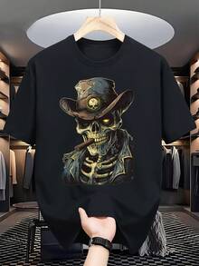 Western Inspired T-Shirt - Skull Smoking With Cowboy Hat, 100% Brushed Fabric, Crew Neck Short Sleeve, Vibrant And Durable Print For Casual Wear, Denim T-Shirts - 黑色 - 查看 6