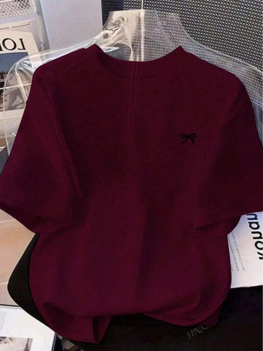 Camiseta de manga corta holgada con estampado de lazo y hombros anchos, casual, negra, de verano - Burdeos - Ver 1