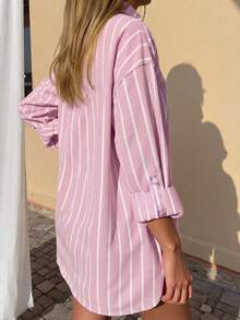 Casual Versatile Striped Collar Button Cuff Design Cotton Linen Shirt, New Autumn Collection Pink - Pink - View 4