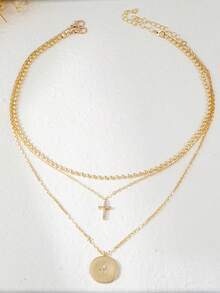 Bộ 2 mặt dây chuyền hình thánh giá và tròn đính đá Cubic Zirconia, thích hợp cho nữ đeo hàng ngày, hẹn hò, lễ hội âm nhạc, dự tiệc. - Vàng - Xem 5