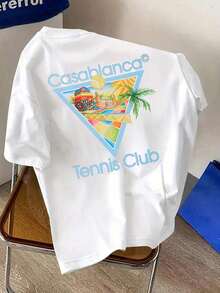 2026.Tops.Tennis And Vacation Element Pattern Printing, High-Quality 100% Pure Cotton Summer Men's T-Shirt, With A Retro And Luxurious Sports And Leisure Style, Suitable For Daily Sports Weart Shirt Herren - 白色 - 查看 2