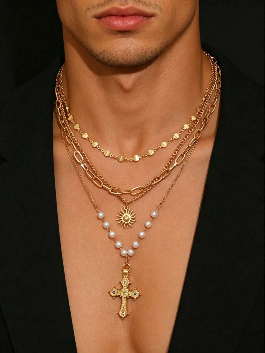 4pcs/Set Vintage Luxurious Multi-Color Crystal Cross Pendant Necklace, Men's Casual Daily Clothing Accessory, Great Gift For Holidays - 4pcs 2 - View 1