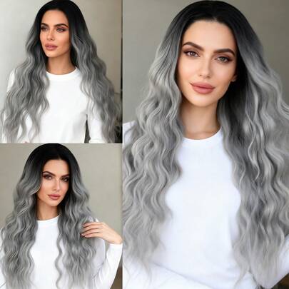 ZigZag Hair 女士优雅卷曲波浪假发，高温丝材质，180%密度，弹性帽，渐变灰色，长卷发，适合所有体型