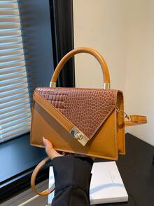Bolso de mano cuadrado pequeño con textura de cocodrilo, diseño de nicho, nueva moda de verano 2026 para mujer, bolso de hombro versátil - Marrón - Ver 11