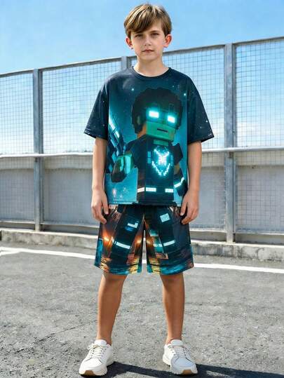 男童夏季两件套：像素风印花短袖T恤搭配渐变星形印花短裤，休闲街头风，适合日常穿着、上学、游戏活动和派对。