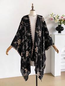 1pc Elegant Floral Embroidered Bohemian Style Shawl Cardigan, Lightweight Versatile Spring/Summer Beach Cover Up, Fashion Accessory Suitable For Daily Wear And Gift - Black - View 2