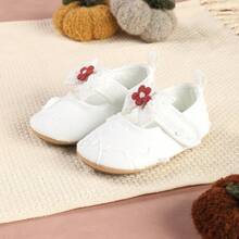 1 Pair Girls Lace Flower Bow Hook And Loop Closure Round Toe Flat Shoes, Cute & Versatile, Suitable For Spring & Autumn - White - View 6