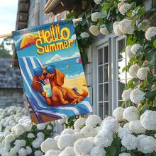 2D平面，单件装，双面夏季腊肠犬沙滩花园旗，正面印有“Hello Summer”字样。这款充满活力的户外庭院装饰品，以一只戴着时尚眼镜、手拿沙滩球的可爱腊肠犬为设计亮点。采用耐用涤纶材质。 - A - 查看 6
