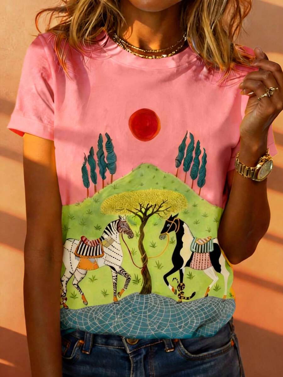 女士夏季度假风海洋、海马、章鱼、贝壳、珊瑚、字母印花短袖休闲衫 - 彩色 - 查看 1