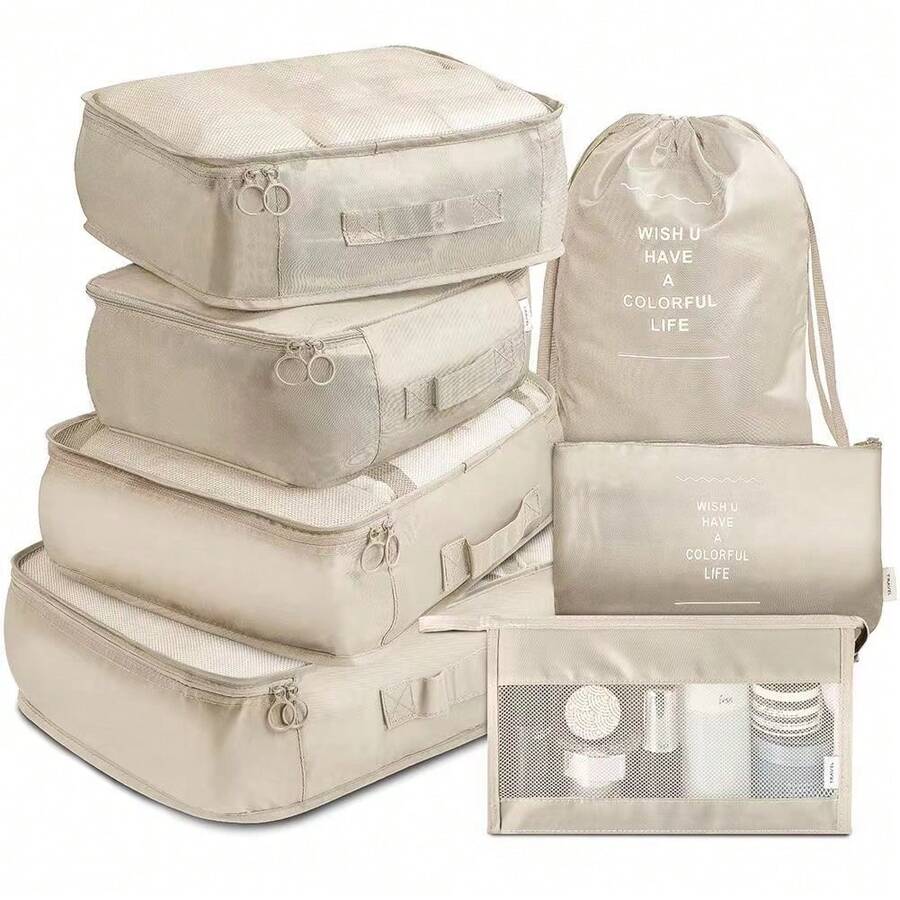 Bộ 8 túi đựng đồ du lịch kẻ sọc màu be, bao gồm các túi đựng đồ lớn/vừa/nhỏ, túi lưới, túi dây rút, chất liệu bền và chống nhăn, thích hợp để sắp xếp quần áo, đồ lót, giày dép, mỹ phẩm. - Nhiều màu - Xem 1