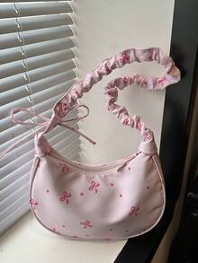 1 chiếc túi đeo vai bằng vải nylon màu hồng, khóa kéo trơn, dây rút, nơ, in chấm bi, thời trang, đa năng, phong cách tối giản, mùa xuân/hè, mẫu mới độc đáo, phù hợp cho nữ sử dụng hàng ngày. - Hồng - Xem 9