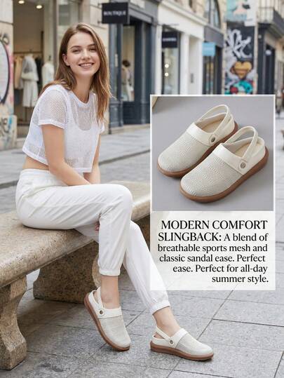 Giày sandal đế bằng nữ khoét lỗ, thoáng khí, phối lưới hai chiều, màu trơn, không quai hậu, kiểu dáng slip-on, có chun co giãn, thích hợp đi làm vào mùa hè, chất liệu lưới trắng, màu be, mang lại sự thoải mái tối đa cho mẹ.