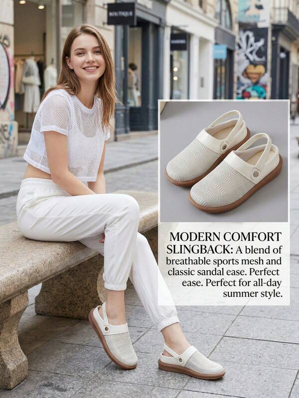 Giày sandal đế bằng nữ khoét lỗ, thoáng khí, phối lưới hai chiều, màu trơn, không quai hậu, kiểu dáng slip-on, có chun co giãn, thích hợp đi làm vào mùa hè, chất liệu lưới trắng, màu be, mang lại sự thoải mái tối đa cho mẹ.