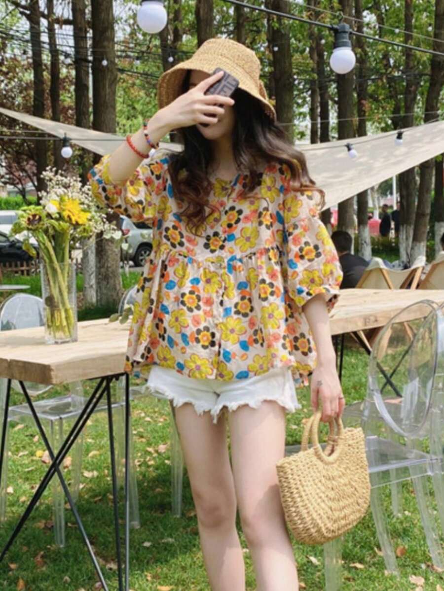 YUXIN Summer New Loose Sweet 3/4 Sleeve Round Neck Doll Shirt, Fashionable Batwing Sleeve Floral Blouse Vacation Spring