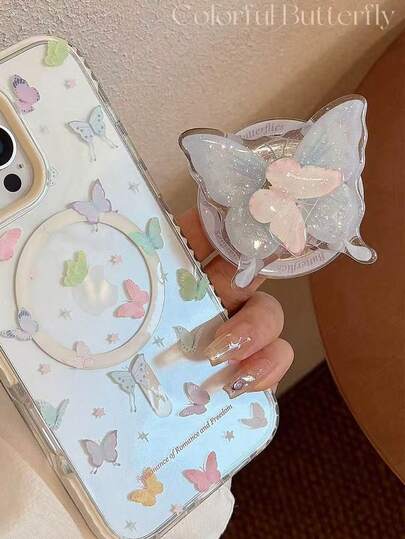 1个可爱3D蝴蝶磁吸可伸缩手机支架，可折叠手机支架，通用透明手机支架，适用于，蝴蝶手机支架