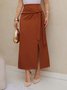 Women's Casual Wrap Skirt In Solid Color With Drawstring, Spring/Summer/M5509 - Coffee Brown - View 1