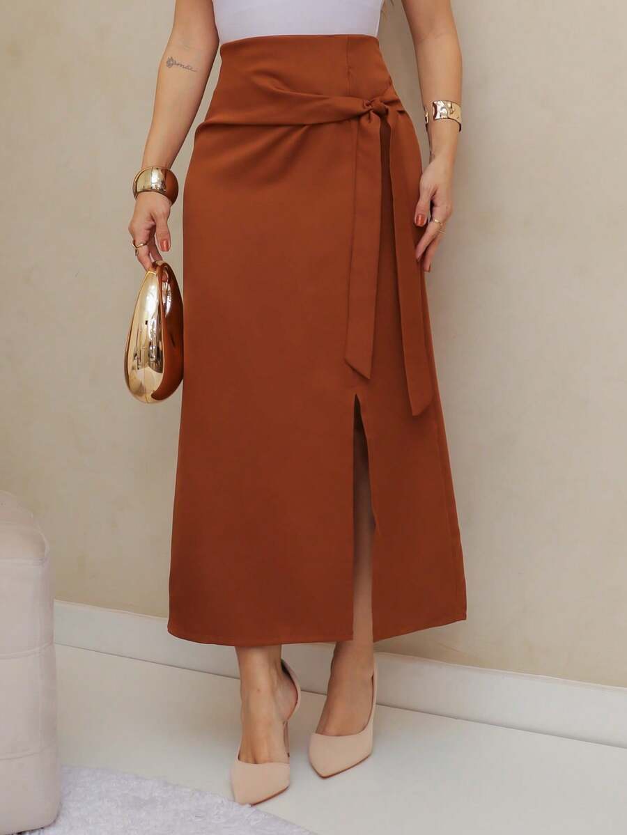 Women's Casual Wrap Skirt In Solid Color With Drawstring, Spring/Summer/M5509 - Coffee Brown - View 1