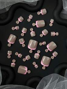 24pcs Pink French Fake Nails, Elegant Silver Glitter Toe Nail Stickers, Cute Nail Art Set, Suitable For Daily Use, Summer Beach, Party, Vacation, Spring/Summer Toe Nail Decor - Multicolor - View 3